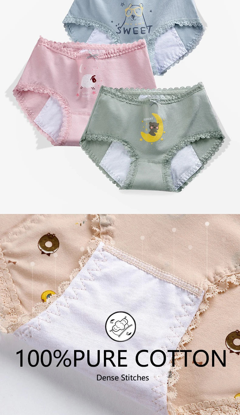 1pc Girls Period Underwear Mid-Rise Cartoon Cotton 3-Layer Leak-proof Incontinence Panties Absorbent Teen Menstrual Briefs S-XL luvshop24
