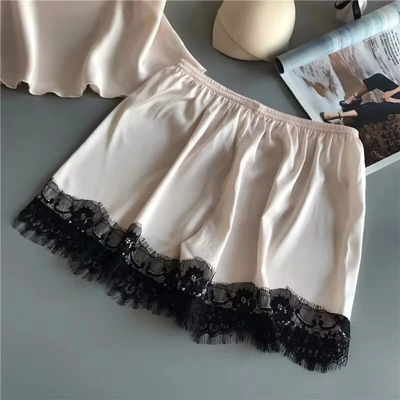 Women Pajama Suit Fashion V-Neck Stretch Satin Babydoll Lace Sexy Lingerie Bowknot Pyjamas Sleep Shorts Set Sleepwear New luvshop24