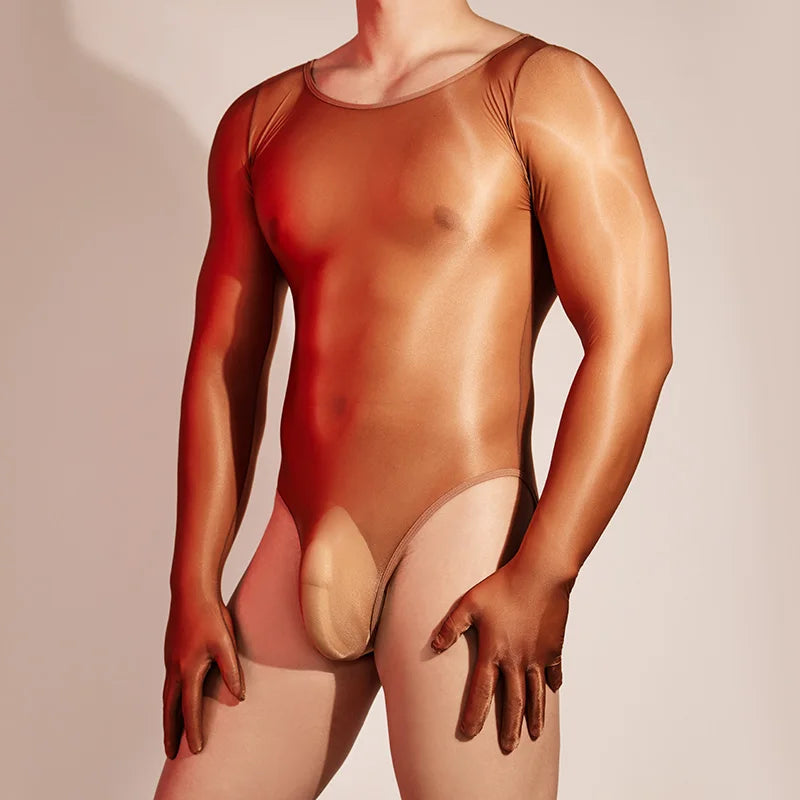 Hot Sexy Oil Shiny Bodysuit for Men Body Stockings Sheer See Through Five Fingers Glove Leotard Male Erotic Lingerie Sex Clothes luvshop24