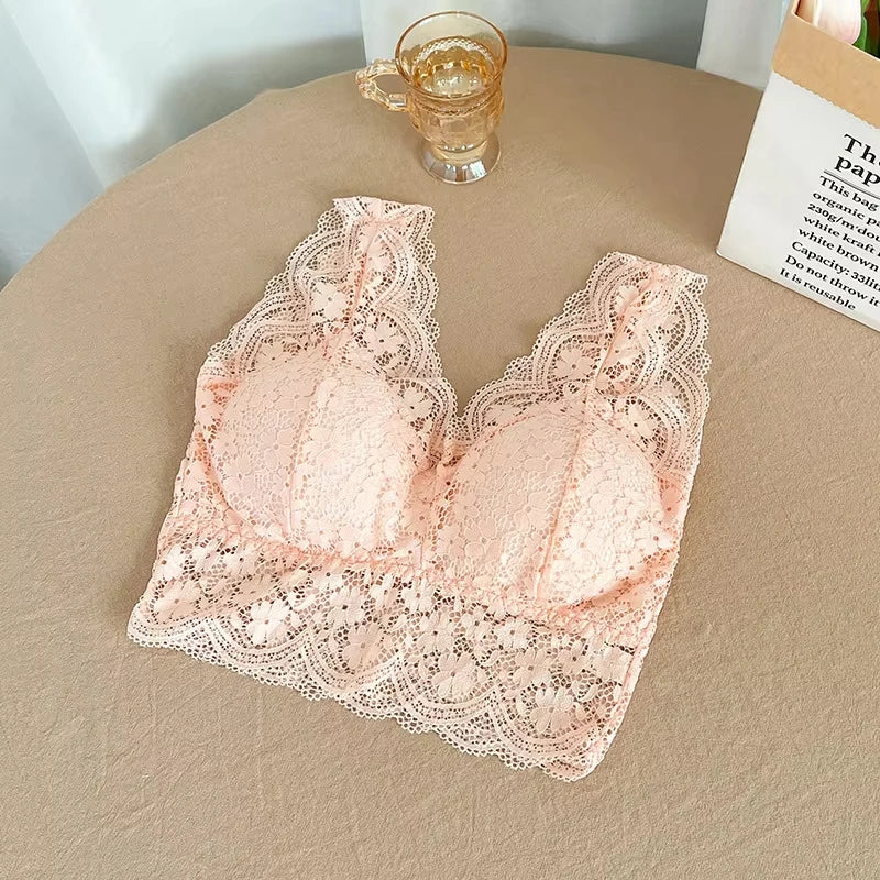 Lace Bras Top Women Deep V Neck Sexy Lingerie Wire Free Bra Tank Tops Female Underwear V Back Bralette Padded Camisole luvshop24