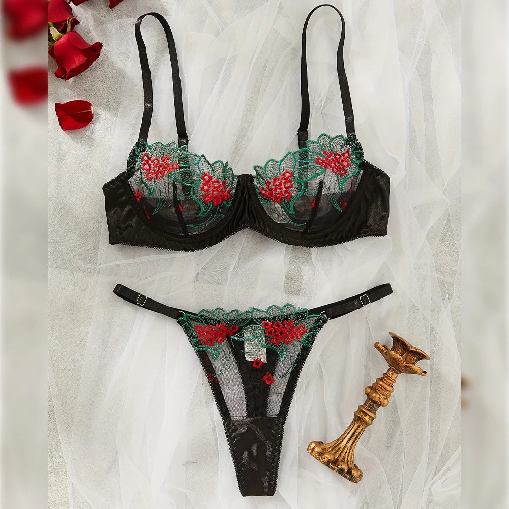 Floral Sexy Lingerie Lace Eroticу Bralette + Briefs Set Transparent Women's Underwear Embroidery Erotic Beautiful Bra And Panty luvshop24