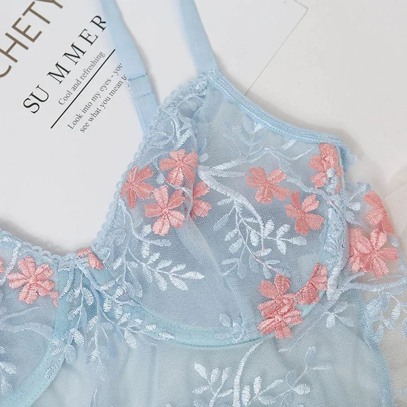 Lace Floral Embroidery See Through Bra and Panties Set for Women Underwear Sexy Lingerie Female 2 Pieces Bra Brief Sets luvshop24
