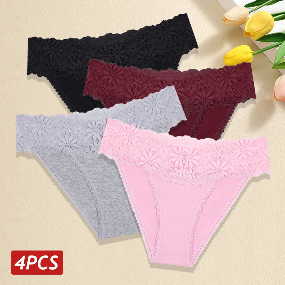 Lace Panties Women Cotton Briefs Female Comfortable Underwear 4PCS/Set Elstice Solid Color Panties Female Low Rise Sexy Lingerie luvshop24