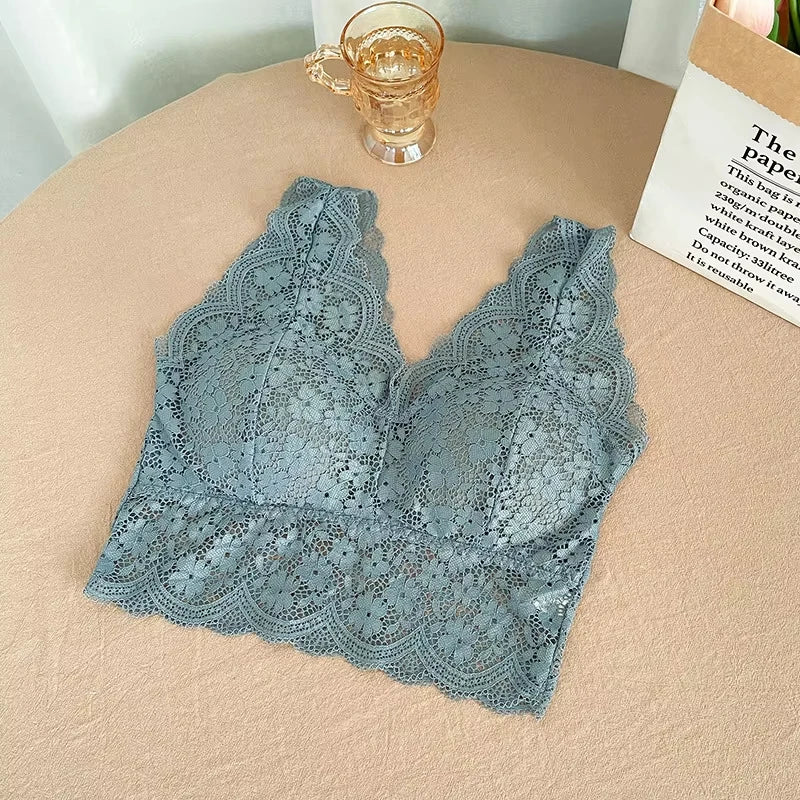 Lace Bras Top Women Deep V Neck Sexy Lingerie Wire Free Bra Tank Tops Female Underwear V Back Bralette Padded Camisole luvshop24