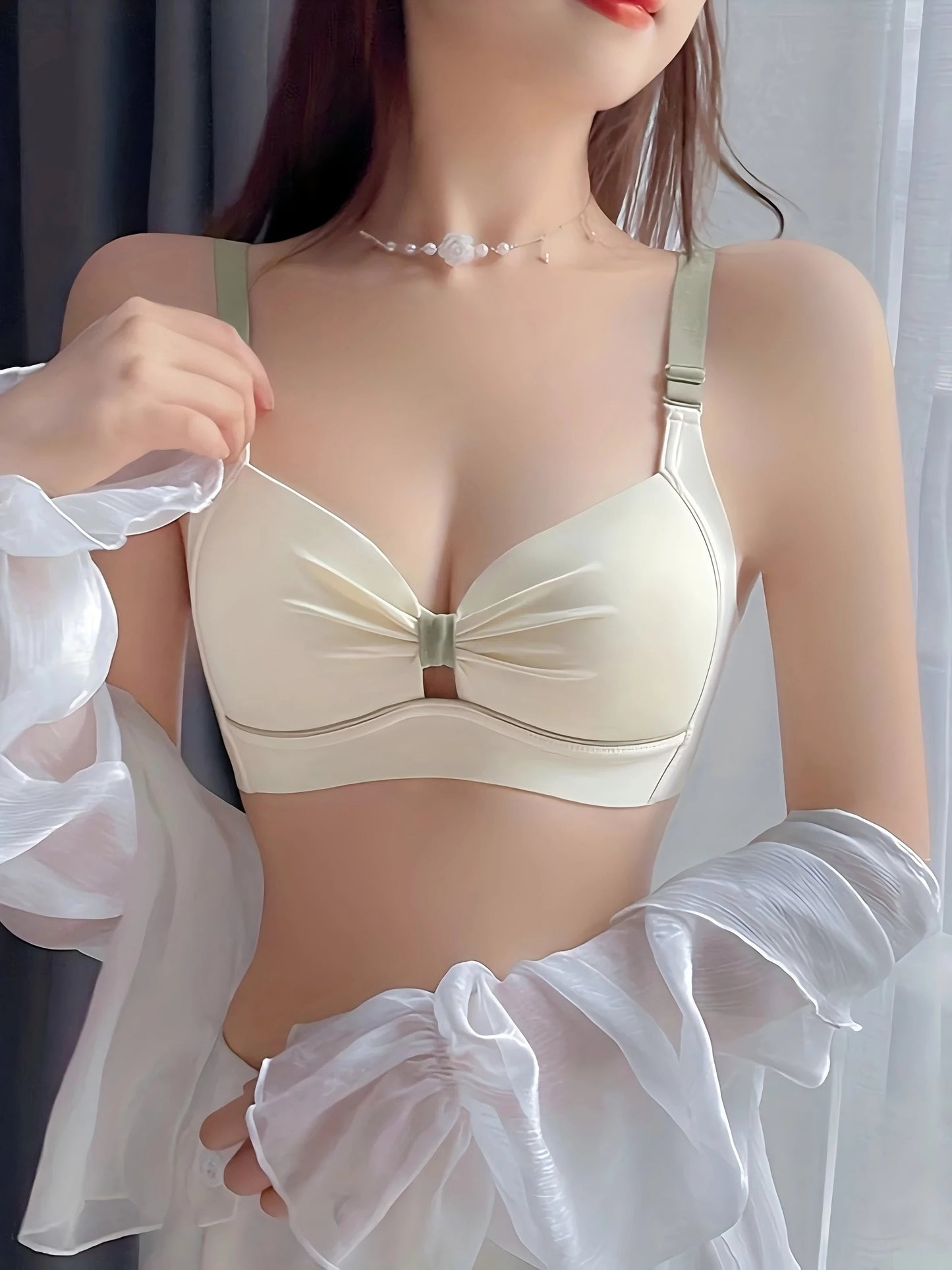 1 Piece Floral Lace Wireless Bras, Sexy Scallop Trim Double Straps Bra, Women's Lingerie & Underwear luvshop24