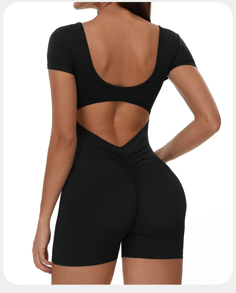 Womens Sports Bodysuit Short Sleeve Jumpsuits Stretch One Piece Set Romper Sexy Scrunch Butt Fitness Jumpsuit Female Sportwears luvshop24