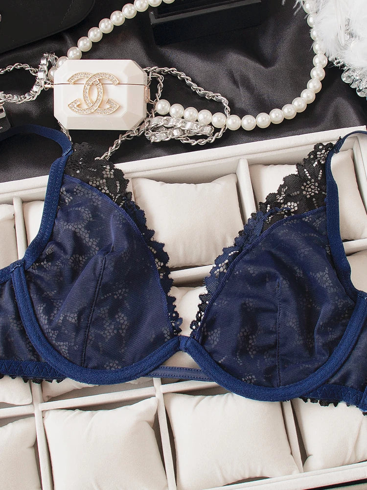 Lace Neck Lingerie Women's Feeling Without Steel Ring Bra Set Female Deep v Thin Section Underwear Knot Wave Mesh Bras luvshop24