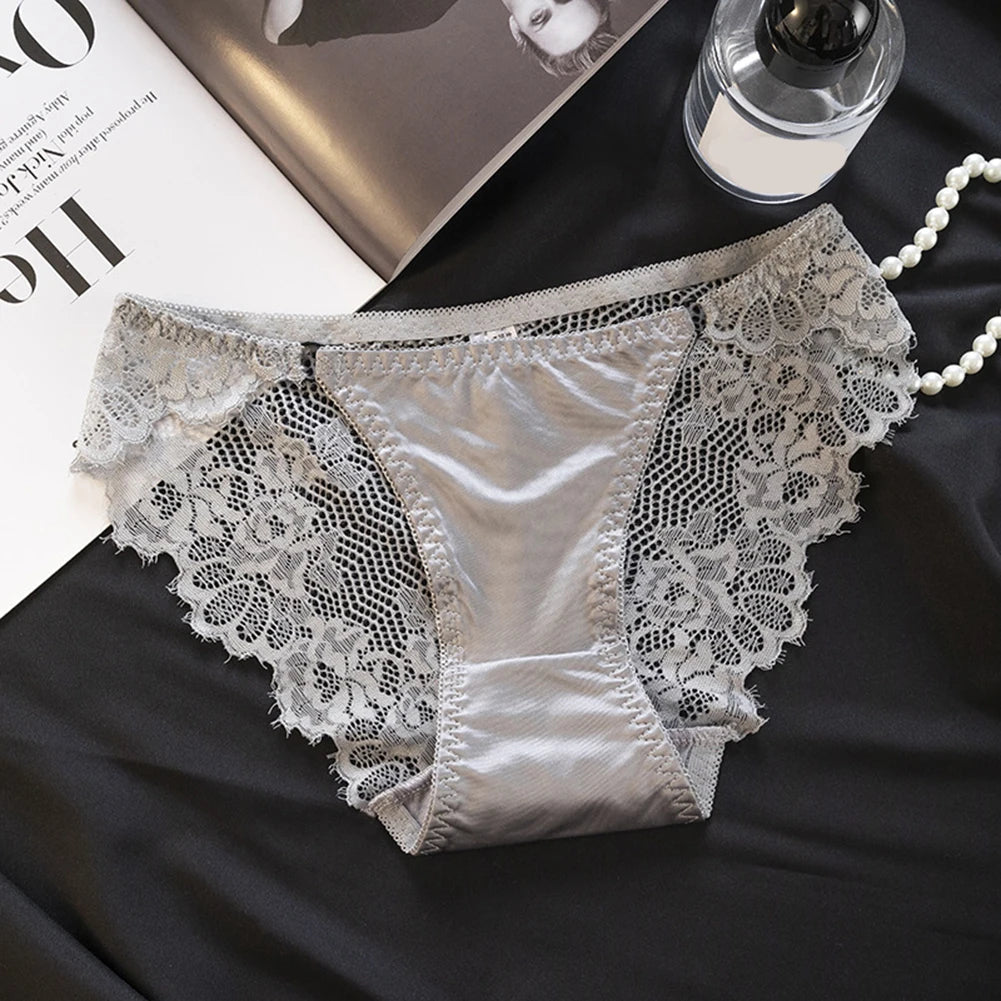 1pc Women's Sexy Lace Panties Satin Seamless Underwear Lace Mesh Sheer Low Waist Triangle Underwear Ladies Thin Breathable Brief luvshop24