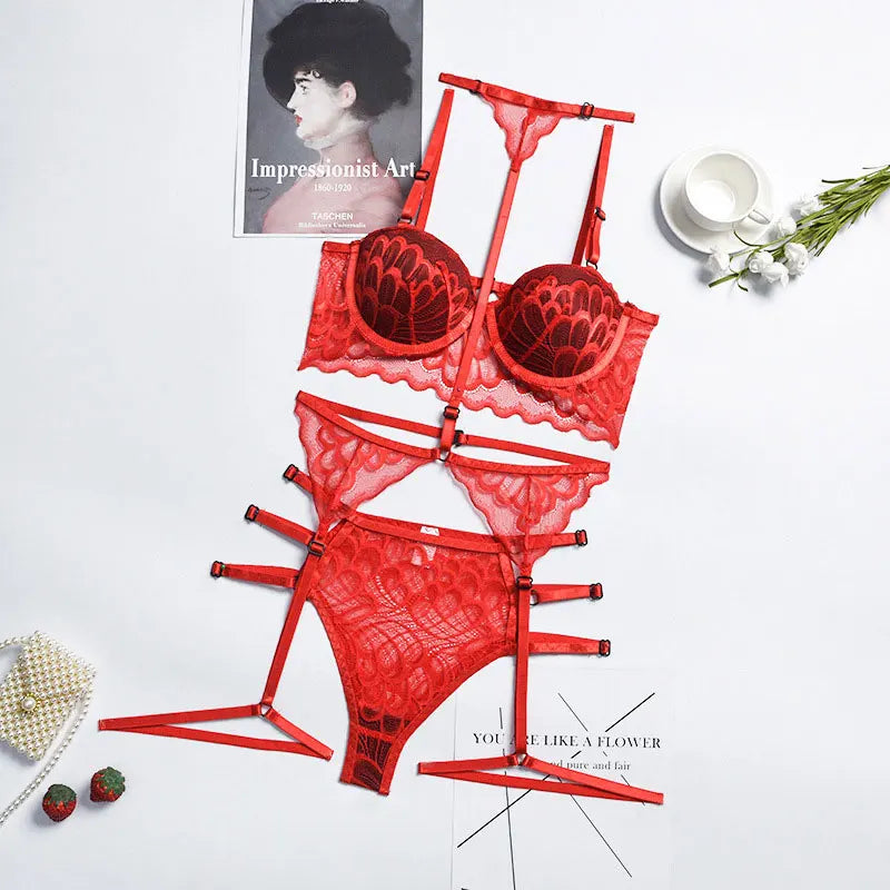 2022 Sexy Three Piece Suit Lace Shapewear Perspective Porn Suit Halterneck Embroidered Push Up Bra Garter Teddy Lingerie Hot Set luvshop24