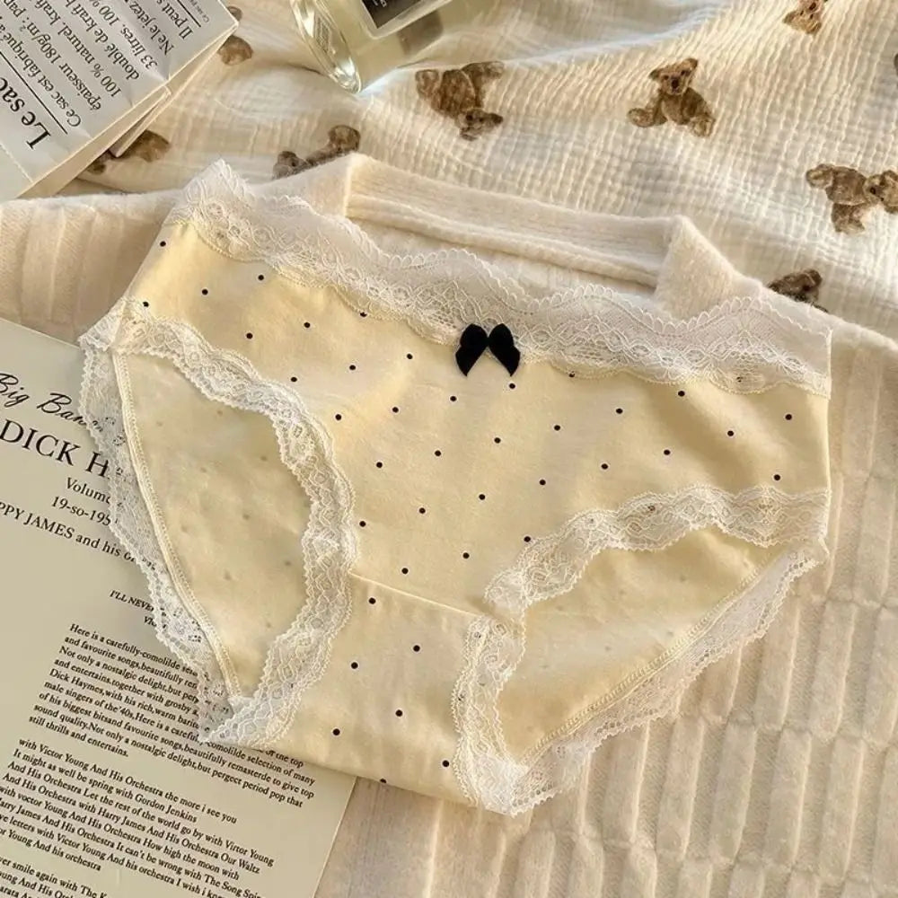 3Pcs Lingerie Dot Lace Bowknot Panties Sweet Mid Waist Seamless Briefs Cotton Crotch Underpants Underwear for Women Lady luvshop24
