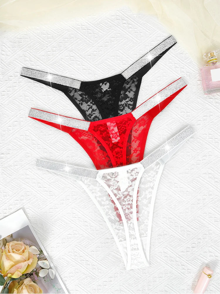 3pcs Sexy Thongs Lace Women Underwear Perspective Floral Panties Low Rise Two Shiny Belts G-string Comfortable Intimate Lingerie luvshop24