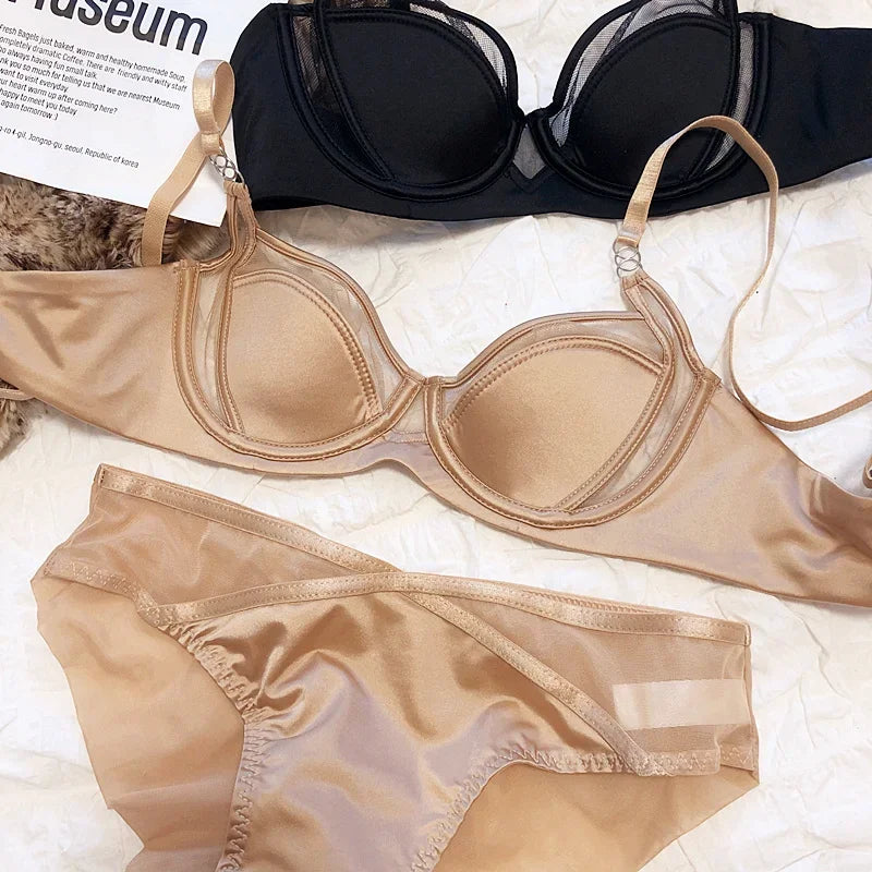 2 Pieces Sexy Underwear Set for Women Lace Push Up Bra French Thin Cup Comfort Brassiere Mesh Breathable Bralette Lingerie Set luvshop24