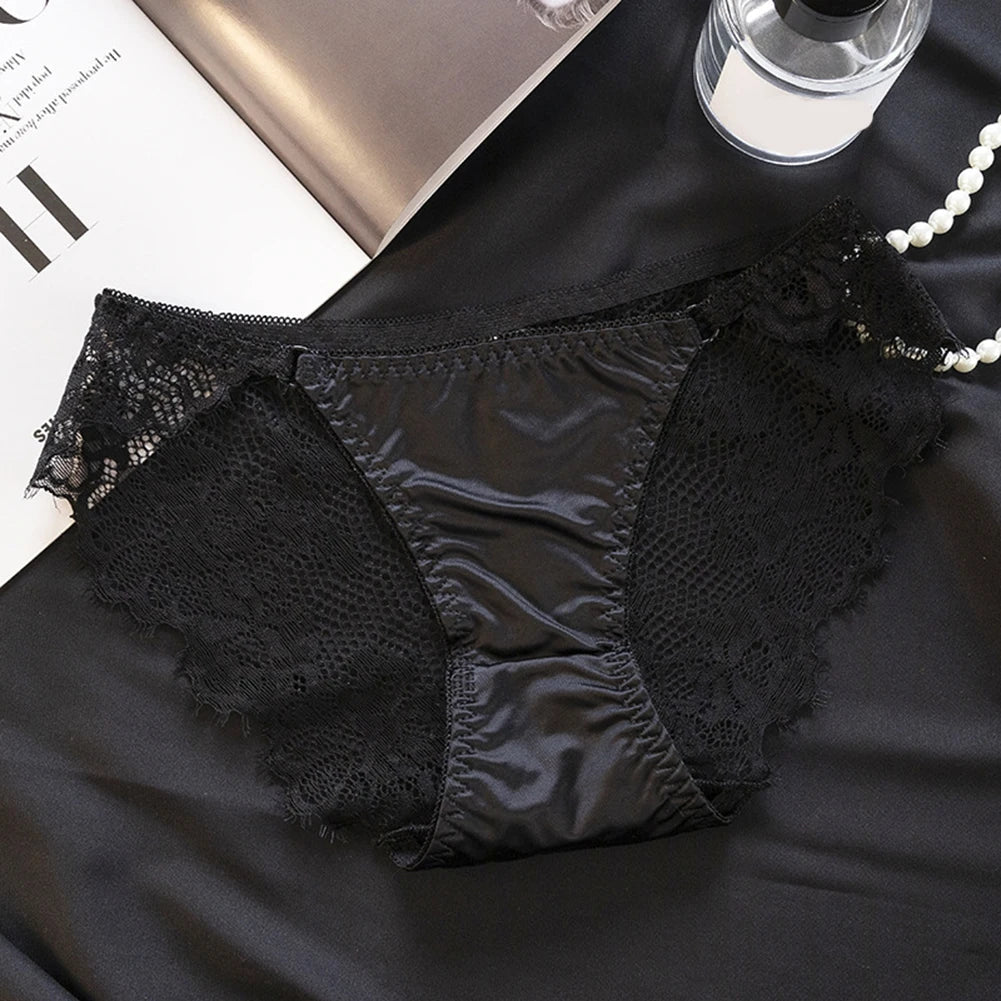 1pc Women's Sexy Lace Panties Satin Seamless Underwear Lace Mesh Sheer Low Waist Triangle Underwear Ladies Thin Breathable Brief luvshop24