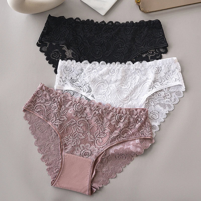 3PCS/Set Luxury Floral Embroidery Lace Panties Women Briefs Sexy Hollow Lingerie Female Underwear Ladies Breathable Underpants luvshop24