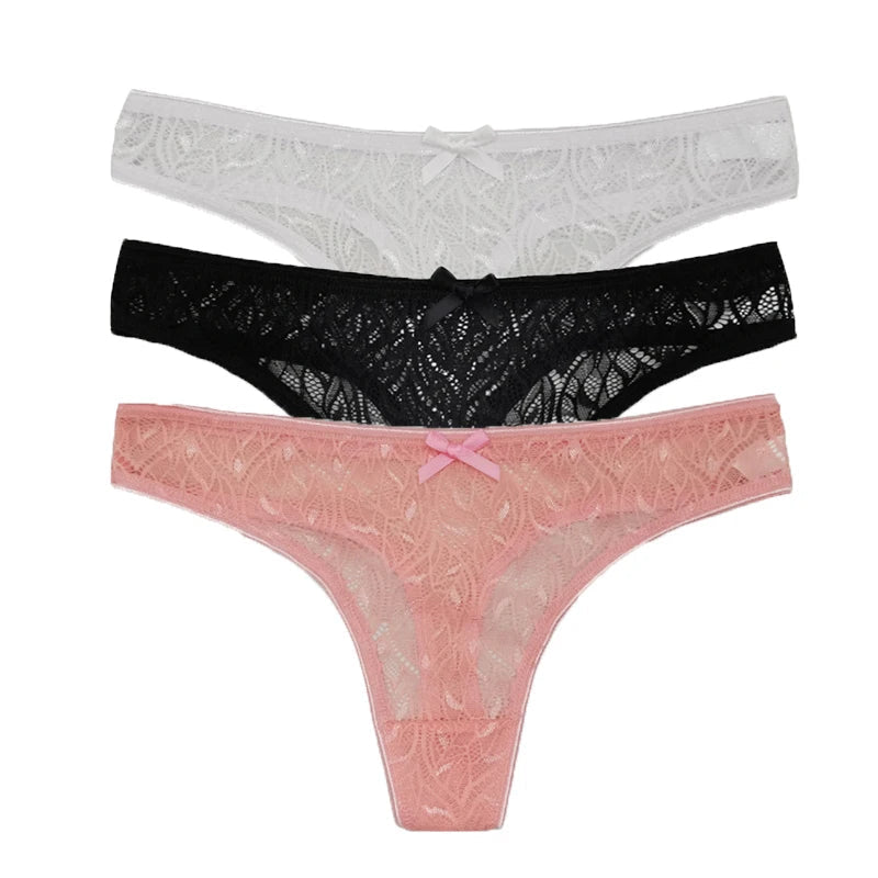 3PCS Low Waist Sexy Lace Panties Hollow Out G-Strings Female Solid Color Thongs Underwear Women Sexy Underpants Intimates luvshop24