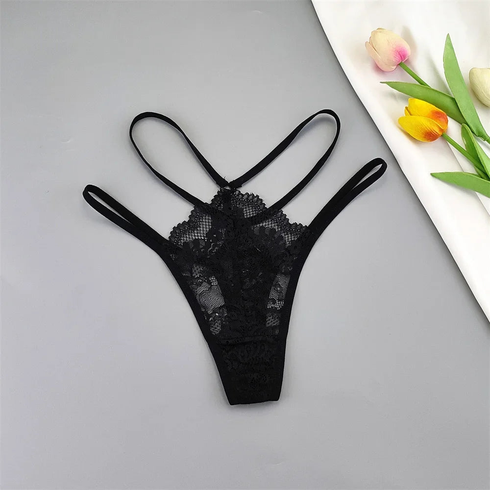 3 Pcs Lace Thin Strap Thong Women Low Waist Sexy Perspective Underwear Ladies Transparent G-string Panty Plus Size T-back luvshop24