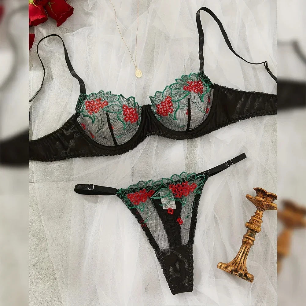 Floral Sexy Lingerie Lace Eroticу Bralette + Briefs Set Transparent Women's Underwear Embroidery Erotic Beautiful Bra And Panty luvshop24