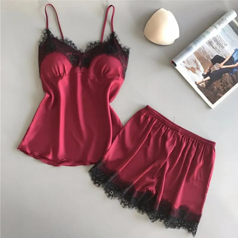 Women Pajama Suit Fashion V-Neck Stretch Satin Babydoll Lace Sexy Lingerie Bowknot Pyjamas Sleep Shorts Set Sleepwear New luvshop24