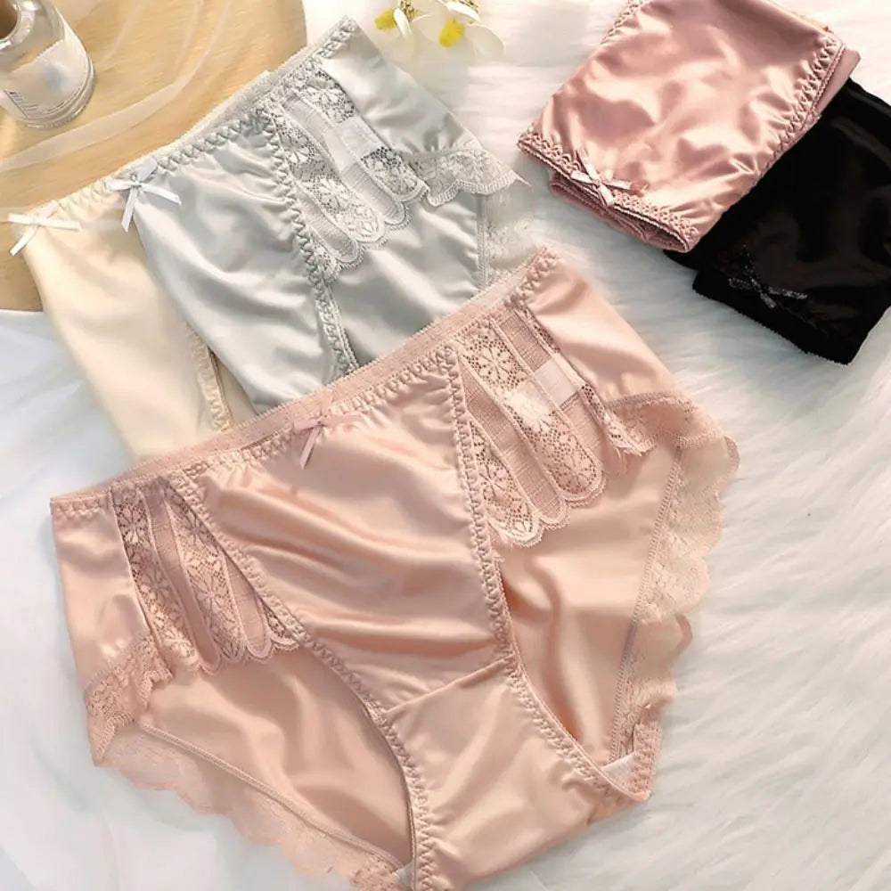 2Pcs Lingerie Underwear Lace Briefs Women Bow Mid Waist Stain Silk Panties Cotton Crotch Underpants Mesh Seamless Briefs Lady luvshop24