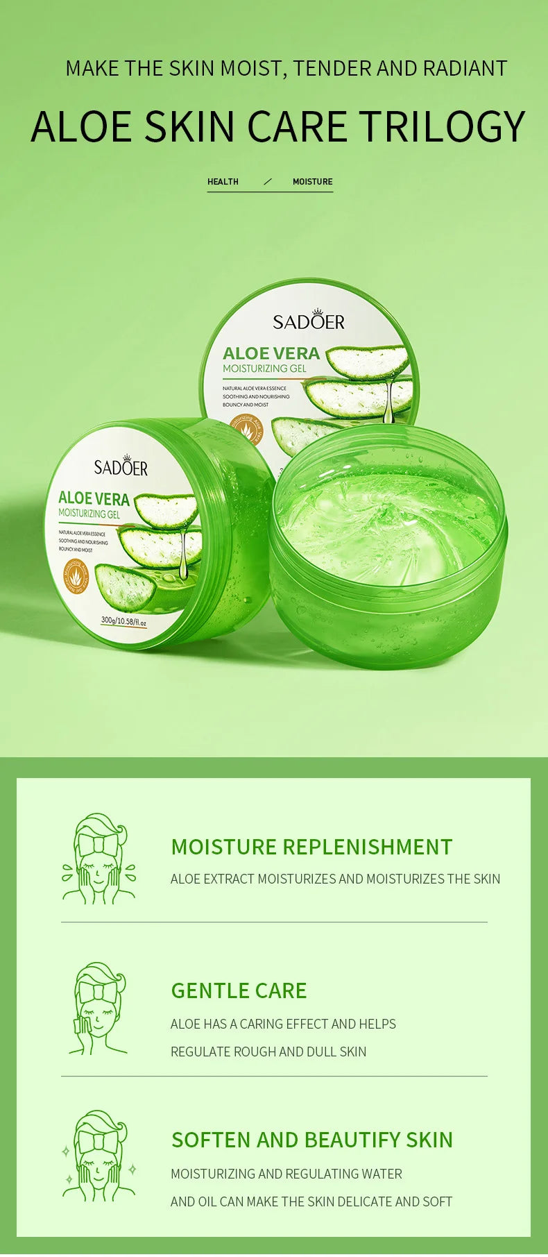 300g SADOER Aloe Vera Gel Creams Moisturizing Brightening Nourishing Firming Hydrating Face Cream Facial Skin Care Products luvshop24