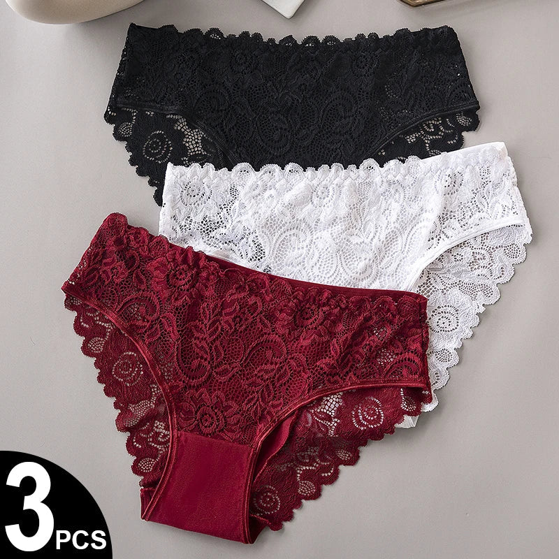 3PCS/Set Luxury Floral Embroidery Lace Panties Women Briefs Sexy Hollow Lingerie Female Underwear Ladies Breathable Underpants luvshop24