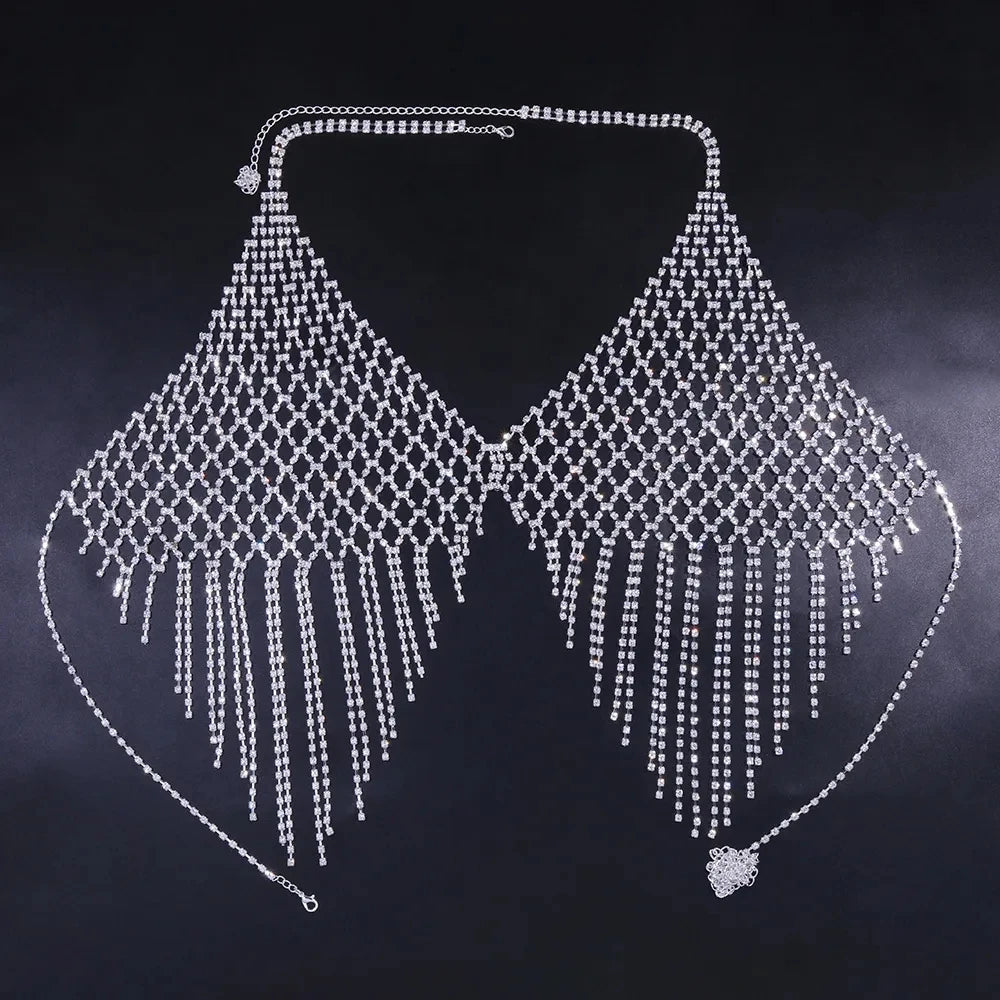 XSBODY Mesh Tassels Chest Chain Jewellery Necklace Sexy Lingerie Women Body Luxury Crystal Festival Outfit Bikinis Bras 2023 luvshop24