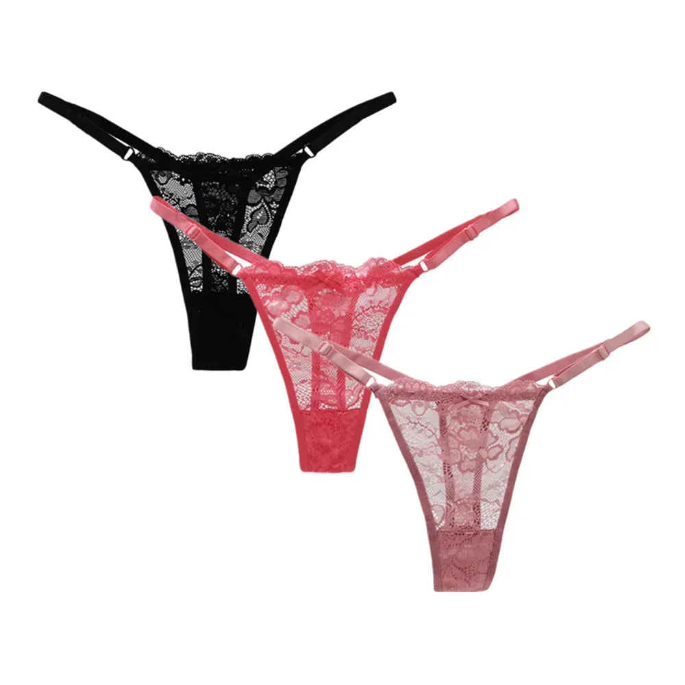 3PCS Adjustable Sexy Transparent Thong Panties Women Lace Underwear Low Waist Female T-back String Underpants luvshop24