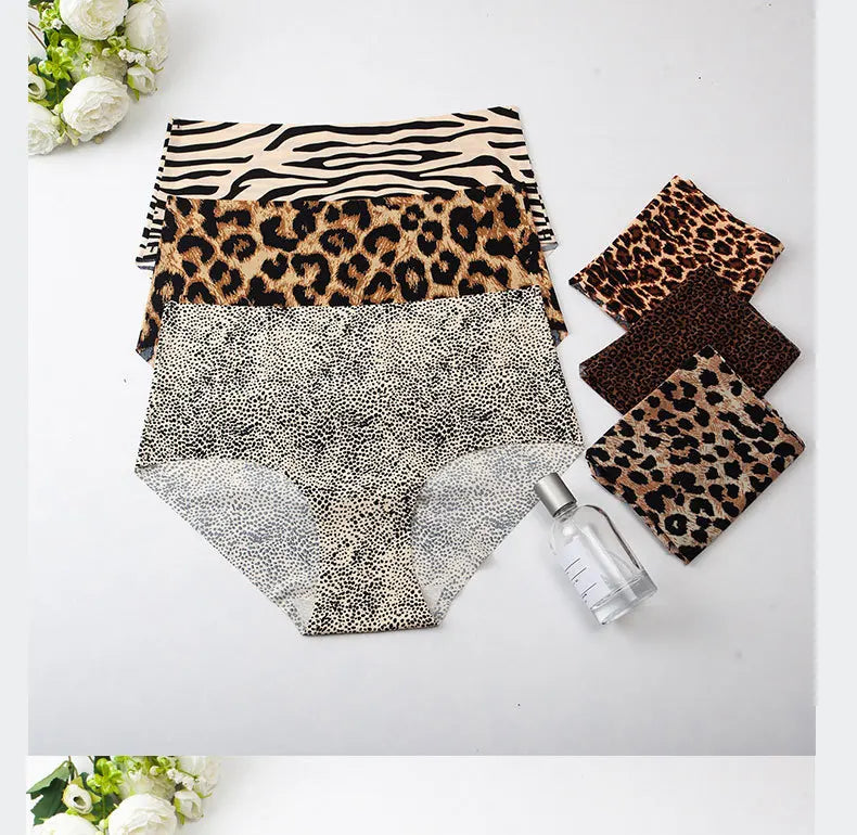 6pcs Women's Seamless Ice Silk Panties Female Mid Waist Plus Size Leopard Print Underwear Girls Fashion Brief Lady Comfort Panty luvshop24