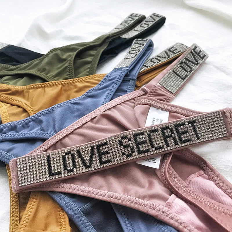 5Pcs Low Waist Sexy Panties Women Thongs Rhinestones Letter Diamonds G-string Sports Thong Shorts Briefs T-back Size S-XL luvshop24