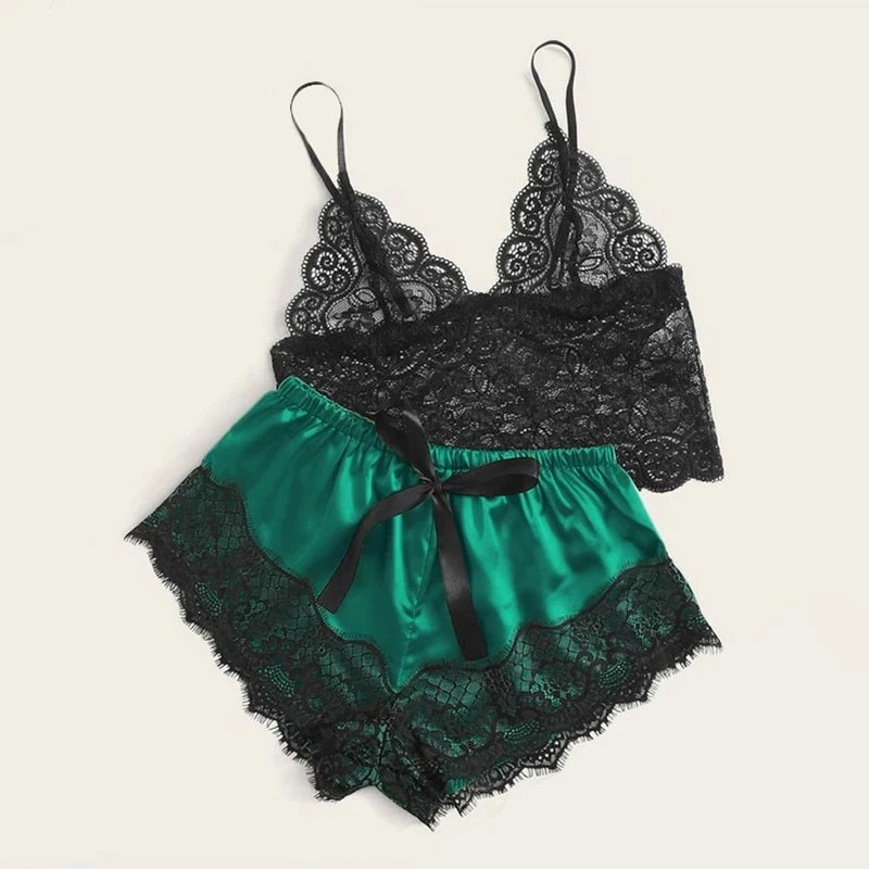 1 Pajamas Set Womens Lace Sleepwear Lingerie Crop Tops And Shorts Babydoll Pajamas Underwear Nightwear luvshop24
