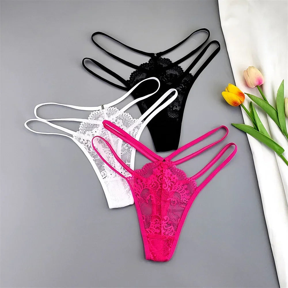 3 Pcs Lace Thin Strap Thong Women Low Waist Sexy Perspective Underwear Ladies Transparent G-string Panty Plus Size T-back luvshop24
