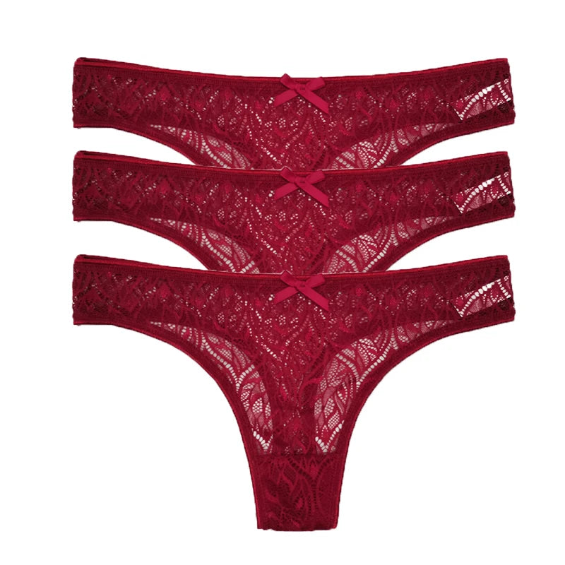 3PCS Low Waist Sexy Lace Panties Hollow Out G-Strings Female Solid Color Thongs Underwear Women Sexy Underpants Intimates luvshop24