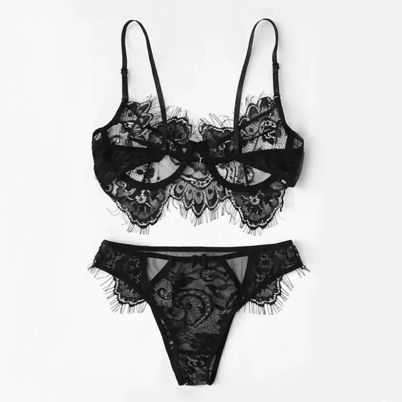 Lace Sexy Underwear Set Hollow Eyelashes Lingerie See-through Sheer Bra and Panty White Black Backless Bodysuit Women 2pcs luvshop24