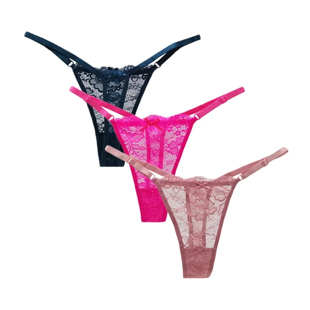 3PCS Adjustable Sexy Transparent Thong Panties Women Lace Underwear Low Waist Female T-back String Underpants luvshop24