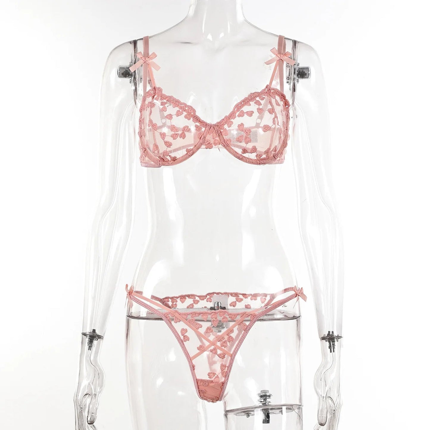 Yimunancy Heart Embroidery Lingerie Set Women 2-Piece Transparent Bow Bra + Brief Underwear Set Erotic Intimates luvshop24