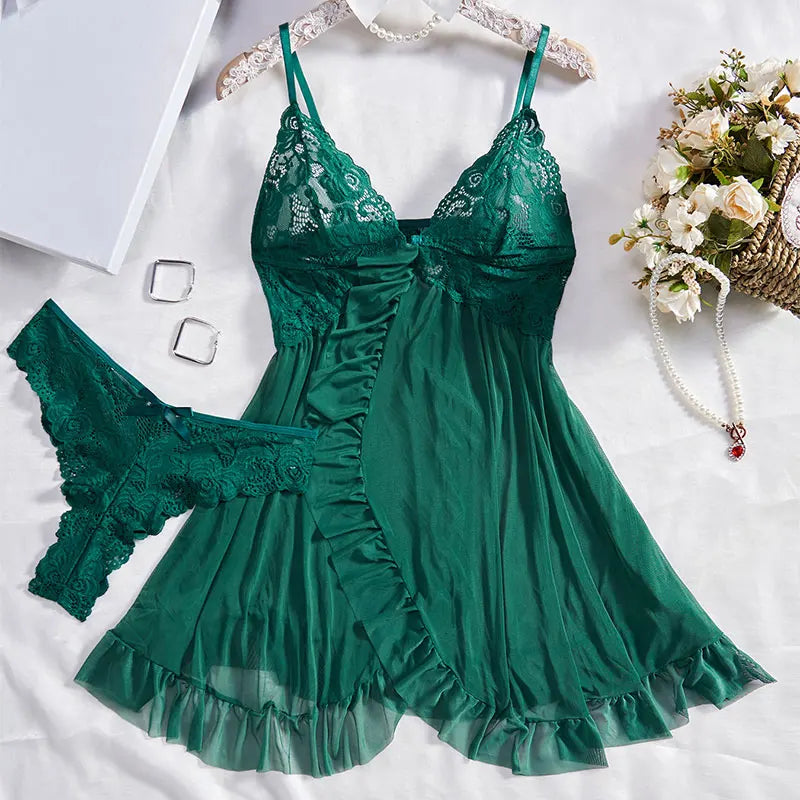 2 Pcs Set Sexy Lingerie Set Women Deep V Slip Dress Thong Erotic Bra Panty Sets Lace Nightdress Transparent Soft Nightgown luvshop24