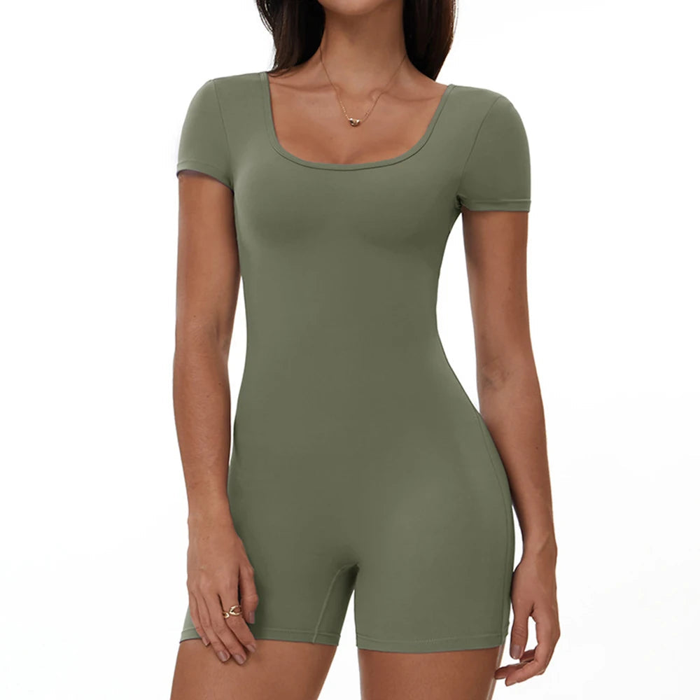 Womens Sports Bodysuit Short Sleeve Jumpsuits Stretch One Piece Set Romper Sexy Scrunch Butt Fitness Jumpsuit Female Sportwears luvshop24