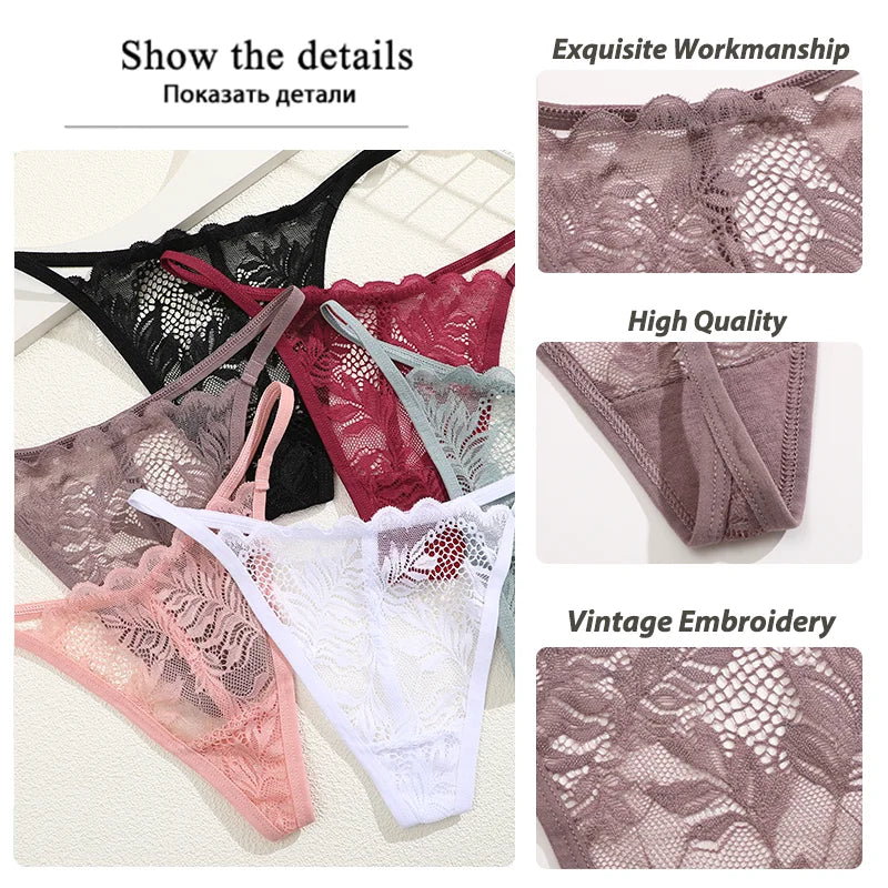 5PCS Sexy Lace Women Lingerie Exotic Underpants Female Lace Transparent Hollow Out G-string Thong Female Soft Intimates S-XL luvshop24
