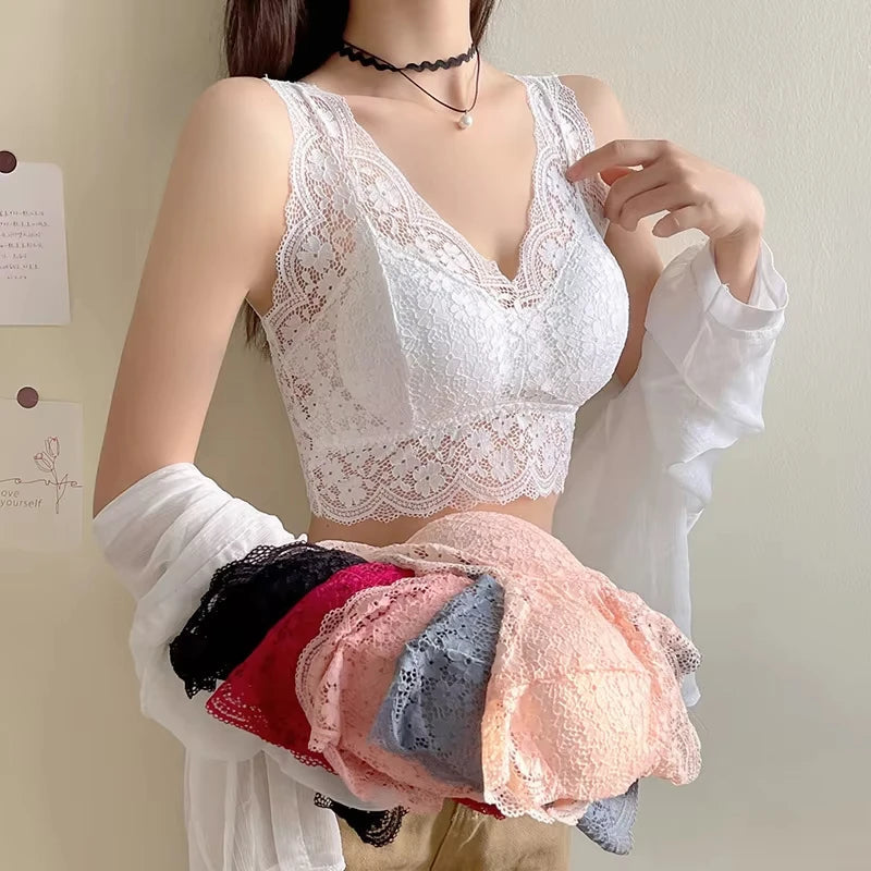 Lace Bras Top Women Deep V Neck Sexy Lingerie Wire Free Bra Tank Tops Female Underwear V Back Bralette Padded Camisole luvshop24