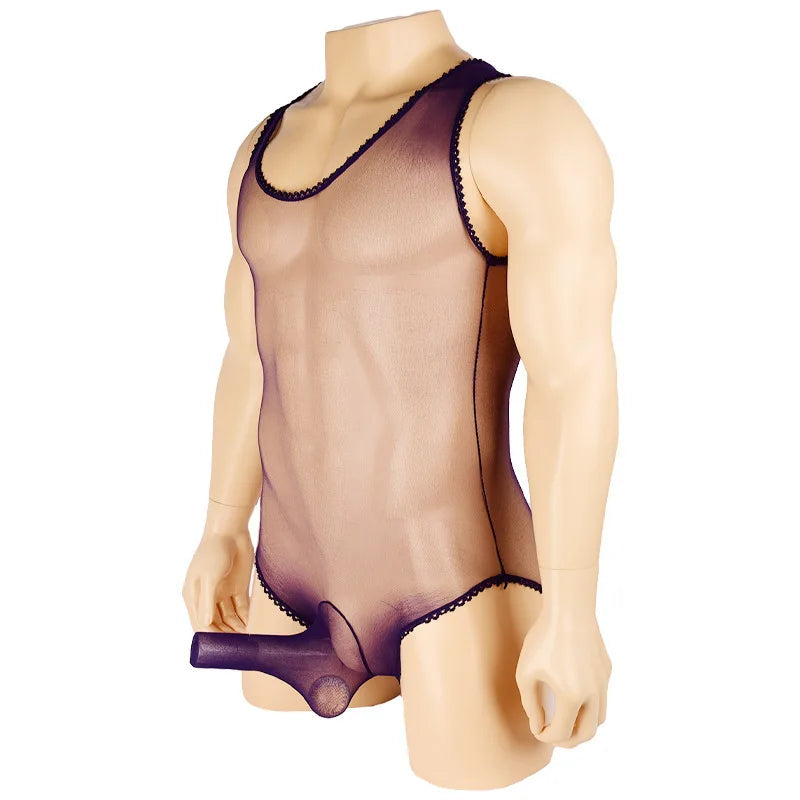Men's Sexy Sheer Stocking Bodysuit with Sissy Penis Sheath Pouch Gay Lingerie Leotard Bodystocking for Erotic Underwear luvshop24