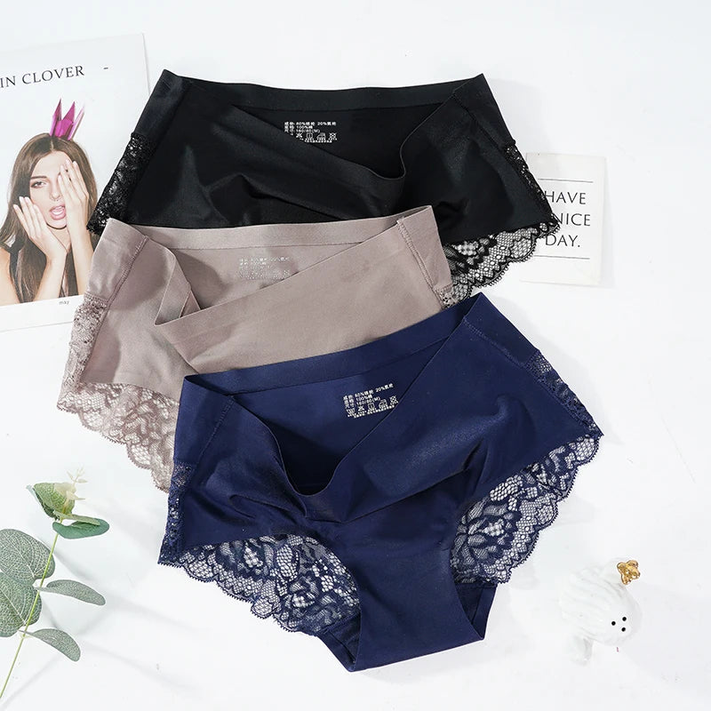 Lace Women's Panties French Seamless Underwear Female Ice Silk Briefs Solid Color Breathable Underpants Lingerie luvshop24