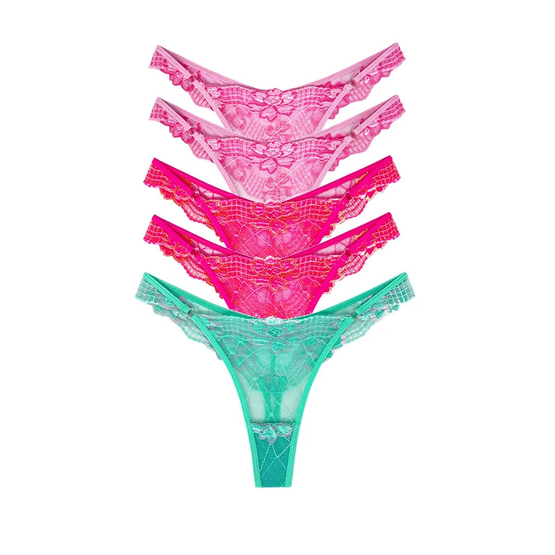 5pcs Lace Ladies G-string Perspective Floral Panties Low Waist Sexy Female Thongs Comfortable Breathable Intimate Lingerie Set luvshop24