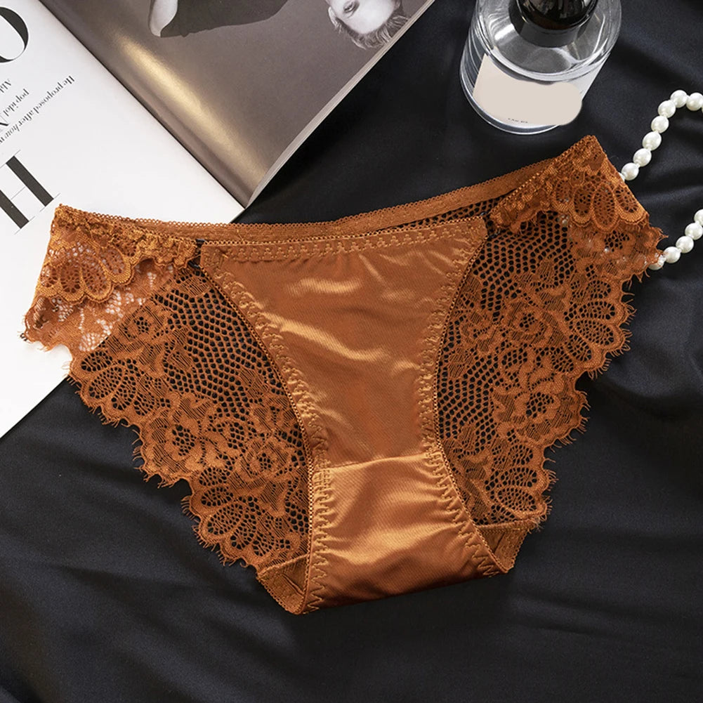 1pc Women's Sexy Lace Panties Satin Seamless Underwear Lace Mesh Sheer Low Waist Triangle Underwear Ladies Thin Breathable Brief luvshop24