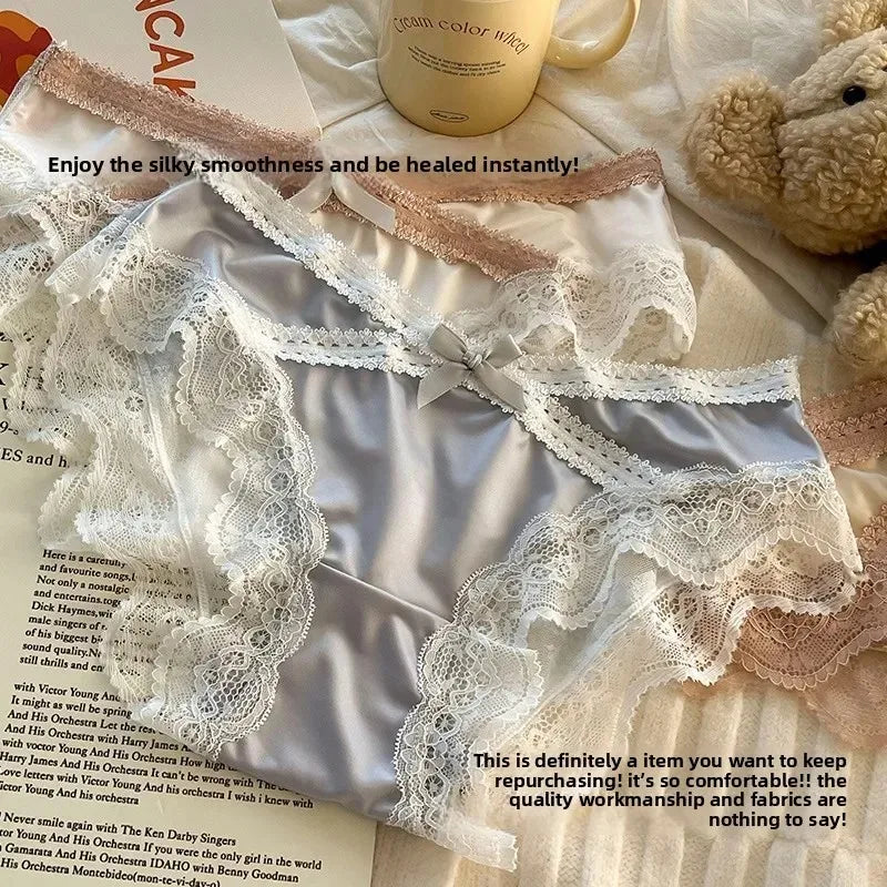 French Lace Underwear Pure Cotton Crotch Satin Sexy Triangle Panties Women's Innerwear Comfortable Breathable Ladies Briefs luvshop24