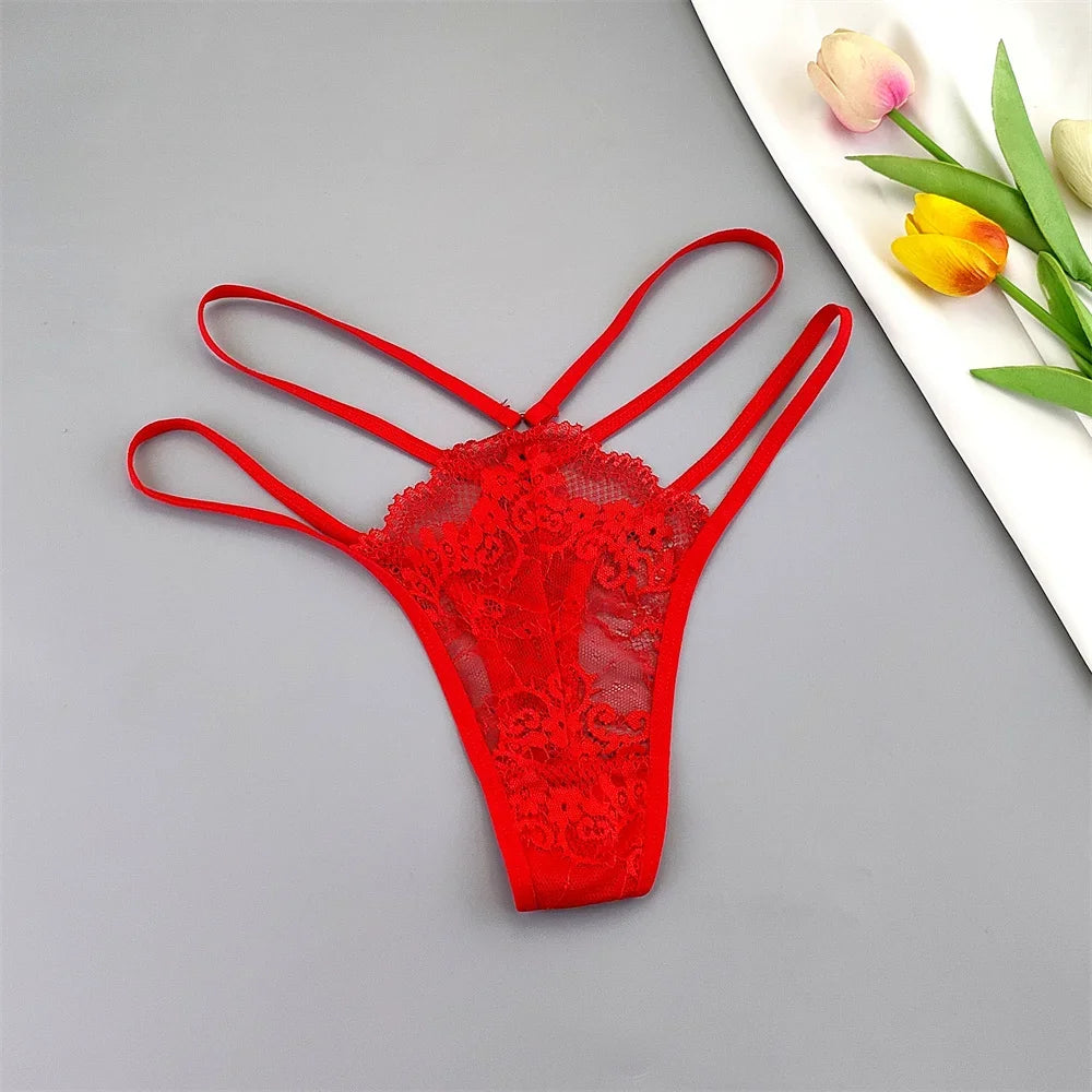 3 Pcs Lace Thin Strap Thong Women Low Waist Sexy Perspective Underwear Ladies Transparent G-string Panty Plus Size T-back luvshop24