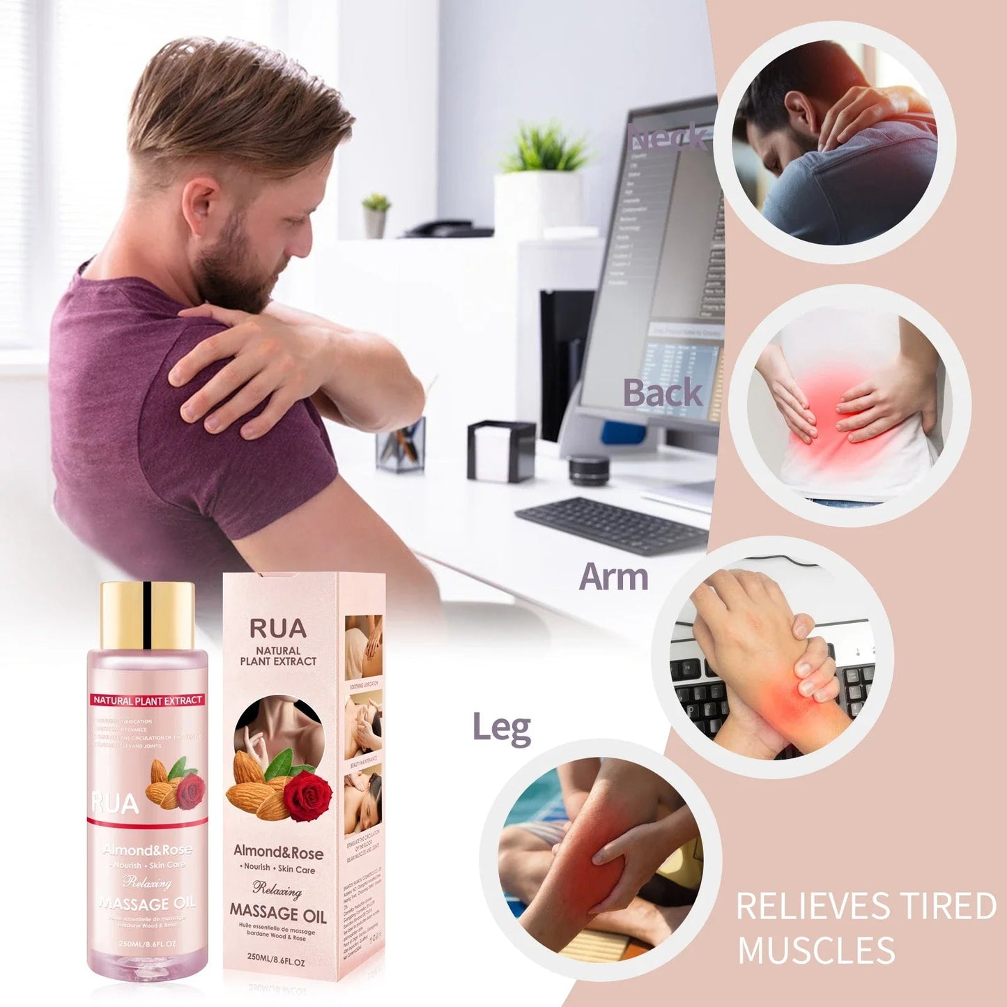 Massage Oil for Relaxing, Massage Oil for Joint Almond and Rose Massage Oils Moisturizing Body Oil for Men and Women 8.6 Fl.oz luvshop24
