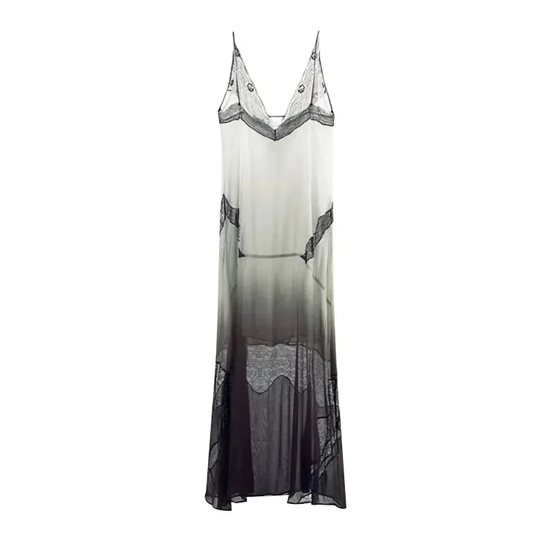 Lace Sling Long Dresses Women Sexy Sleeveless Split See Through Female Mesh Sheer Dress 2025 Summer New Lady Fashion Beach Robes luvshop24