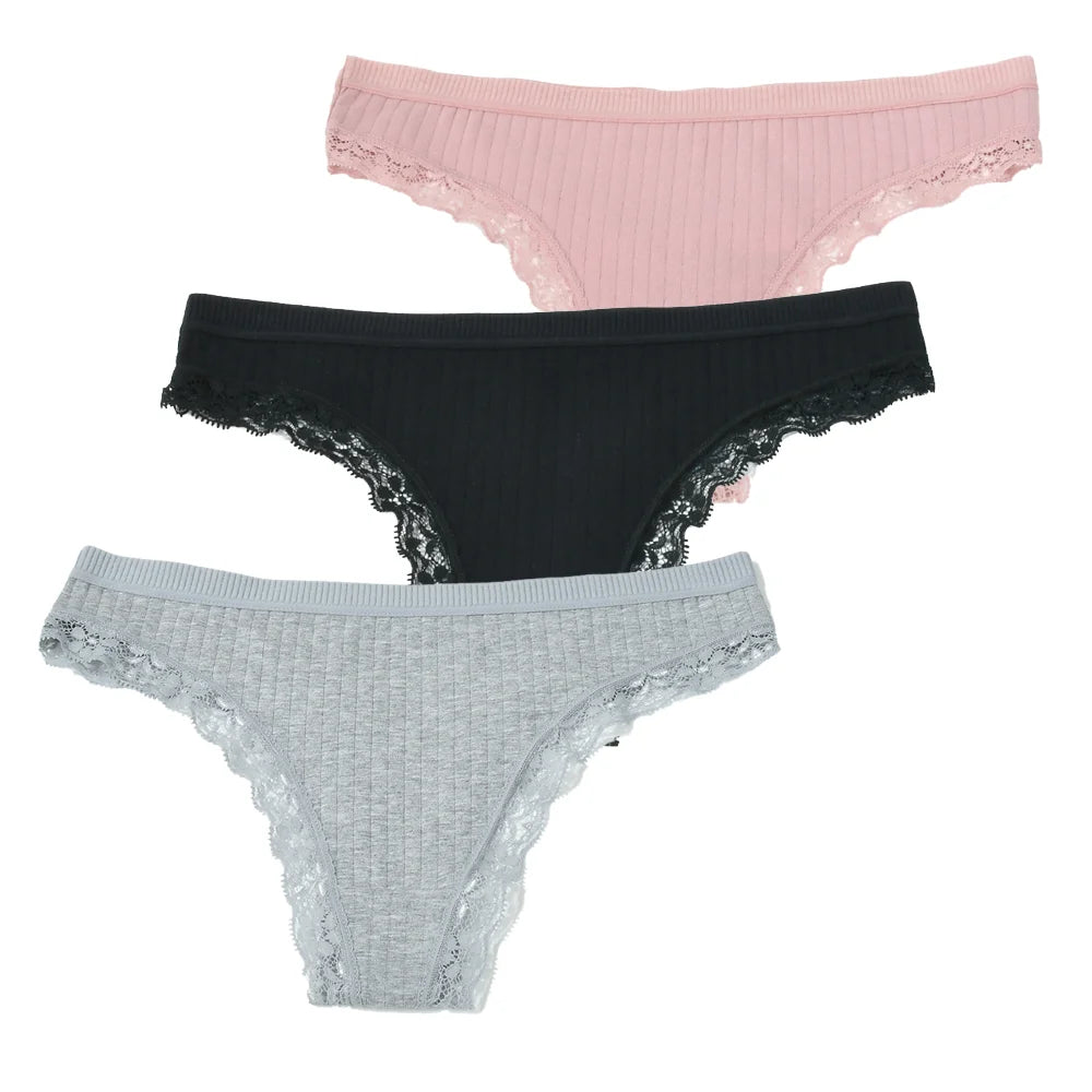 3pcs Cotton Women's Thong Panties Breathable Low Waist Seamless Underwear Sexy Female Lady Comfortable Solid Color Lace G-String luvshop24