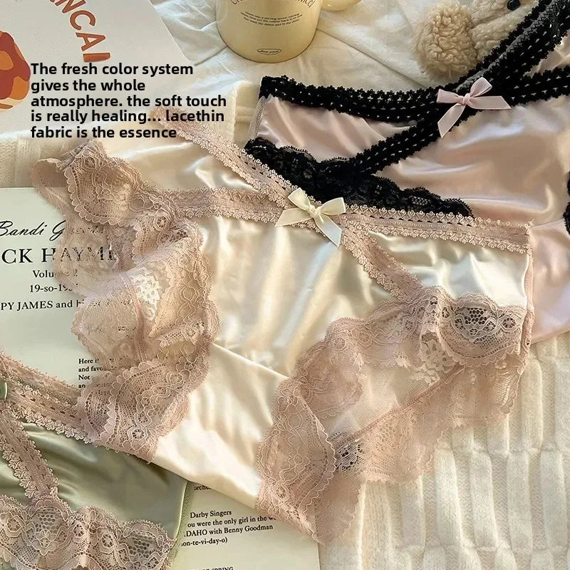 French Lace Underwear Pure Cotton Crotch Satin Sexy Triangle Panties Women's Innerwear Comfortable Breathable Ladies Briefs luvshop24