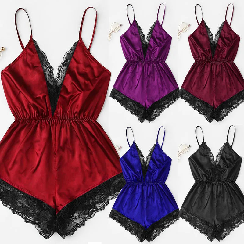 Sexy Lace Halter Oil Shiny Cloth Black Jumpsuit Fashionable and Comfortable Lace Lace Pyjamas Erotic Lingerie luvshop24